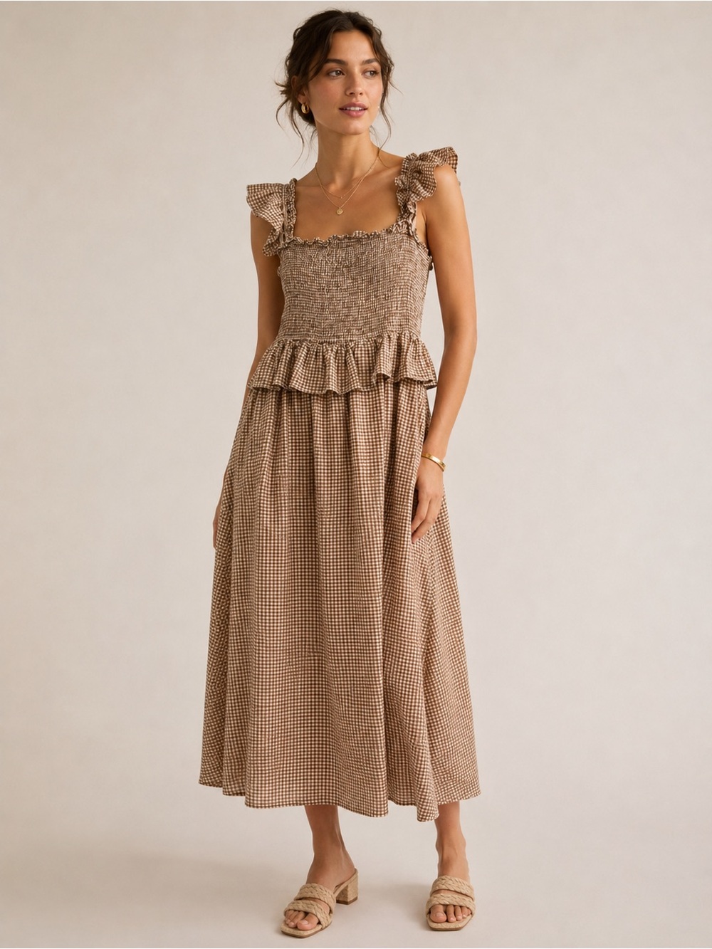 Anthropologie Brown Gingham Smocked Ruffle Maxi Dress Size L Cottagecore